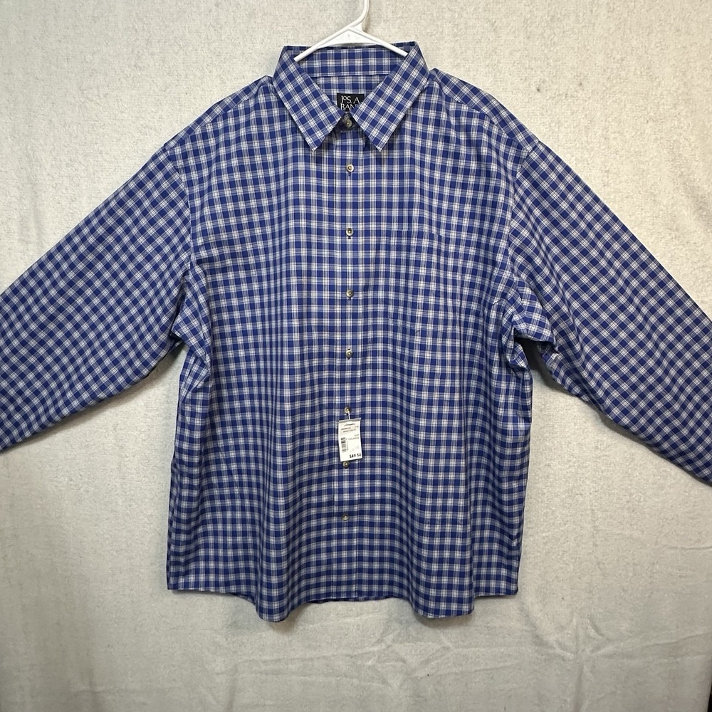 Jos A Banks Travelers Collection XXL Blue Plaid Cotton Long Sleeve Button Up NWT